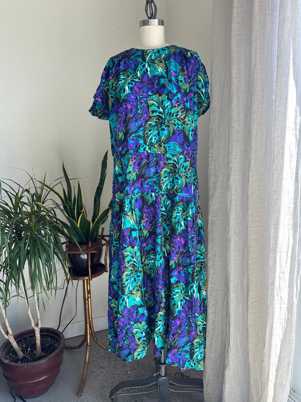 LUCI FELLINI Women's 16 Dress PURPLE GREEN HAWAIIAN FLORAL DRESS VTG 90S